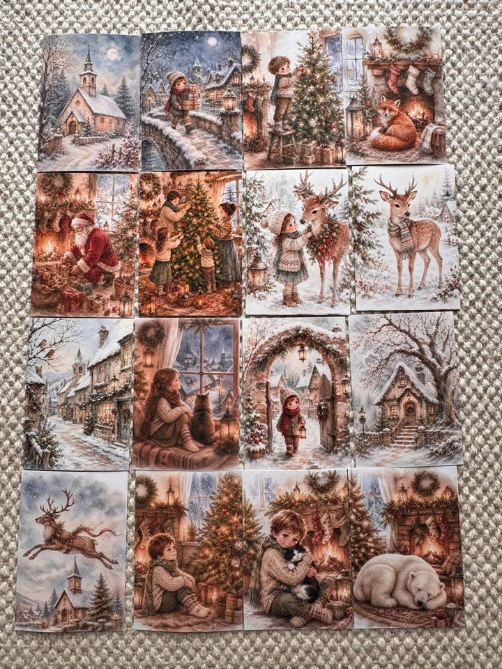 16 Vintage Christmas Stickers, Cosy Winter Watercolour Stickers, Christmas Village, Children & Animals, Junk Journal Scrapbook Crafts