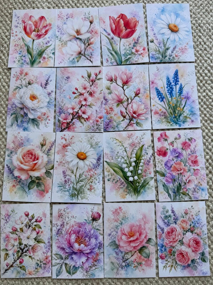 Watercolor Floral Stickers Set of 16, Vintage Flower Journal Stickers, Botanical Scrapbook Ephemera, Handmade in the UK