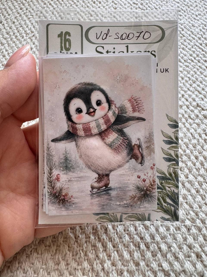 Winter Animal Stickers Set of 16, Cute Christmas Woodland Animals, Penguin & Deer Stickers, Handmade in the UK for Journals