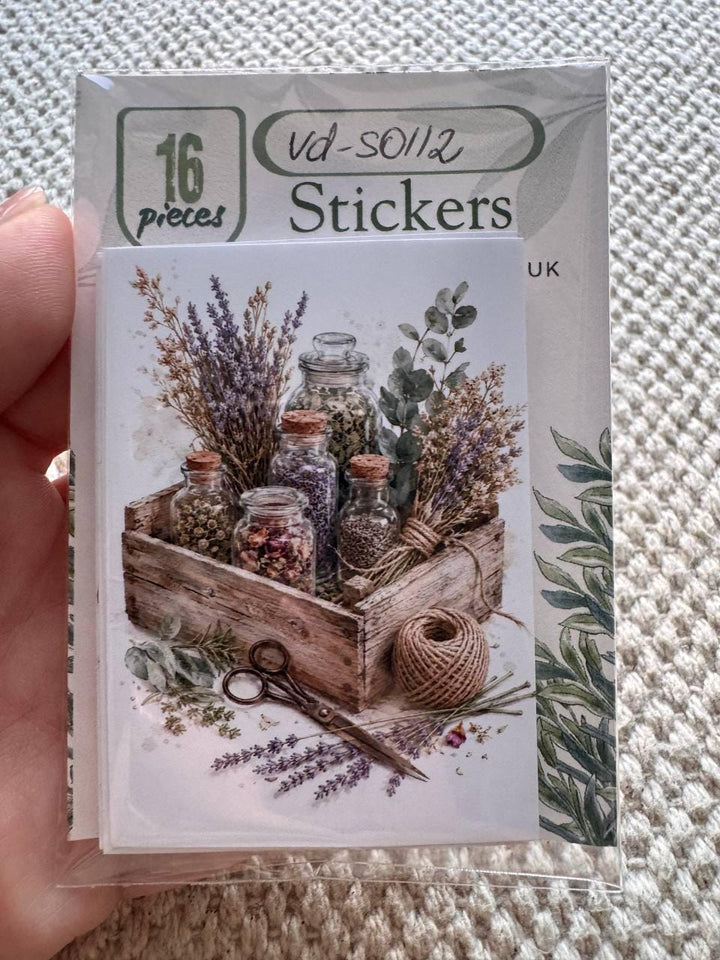 16 Botanical Herb Stickers, Lavender Apothecary Watercolor Stickers, Cottagecore Junk Journal Scrapbook Planner Botanical Decor
