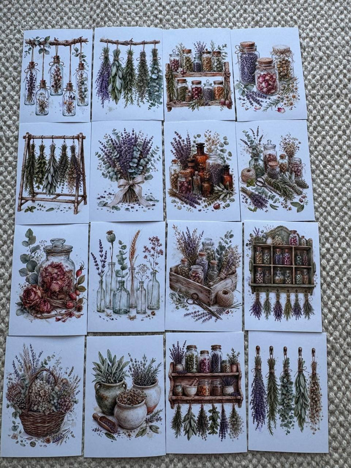 16 Botanical Herb Stickers, Lavender Apothecary Watercolor Stickers, Cottagecore Junk Journal Scrapbook Planner Botanical Decor