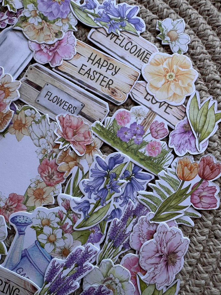 76 Spring Die Cut Cardstock Pieces, Floral Ephemera Pack, Junk Journal Supplies, Scrapbooking Embellishments, No Adhesive