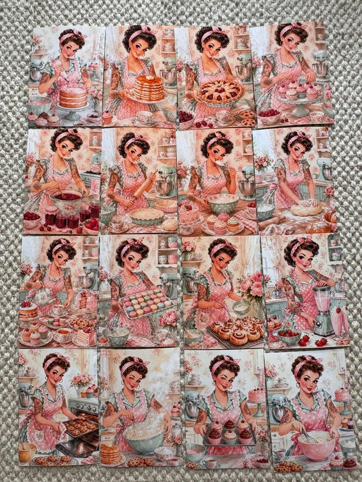 16 Vintage Baking Stickers, Retro Kitchen Girl Stickers, Cottagecore Bakery Scrapbook Stickers, Junk Journal Card Making Craft Supply