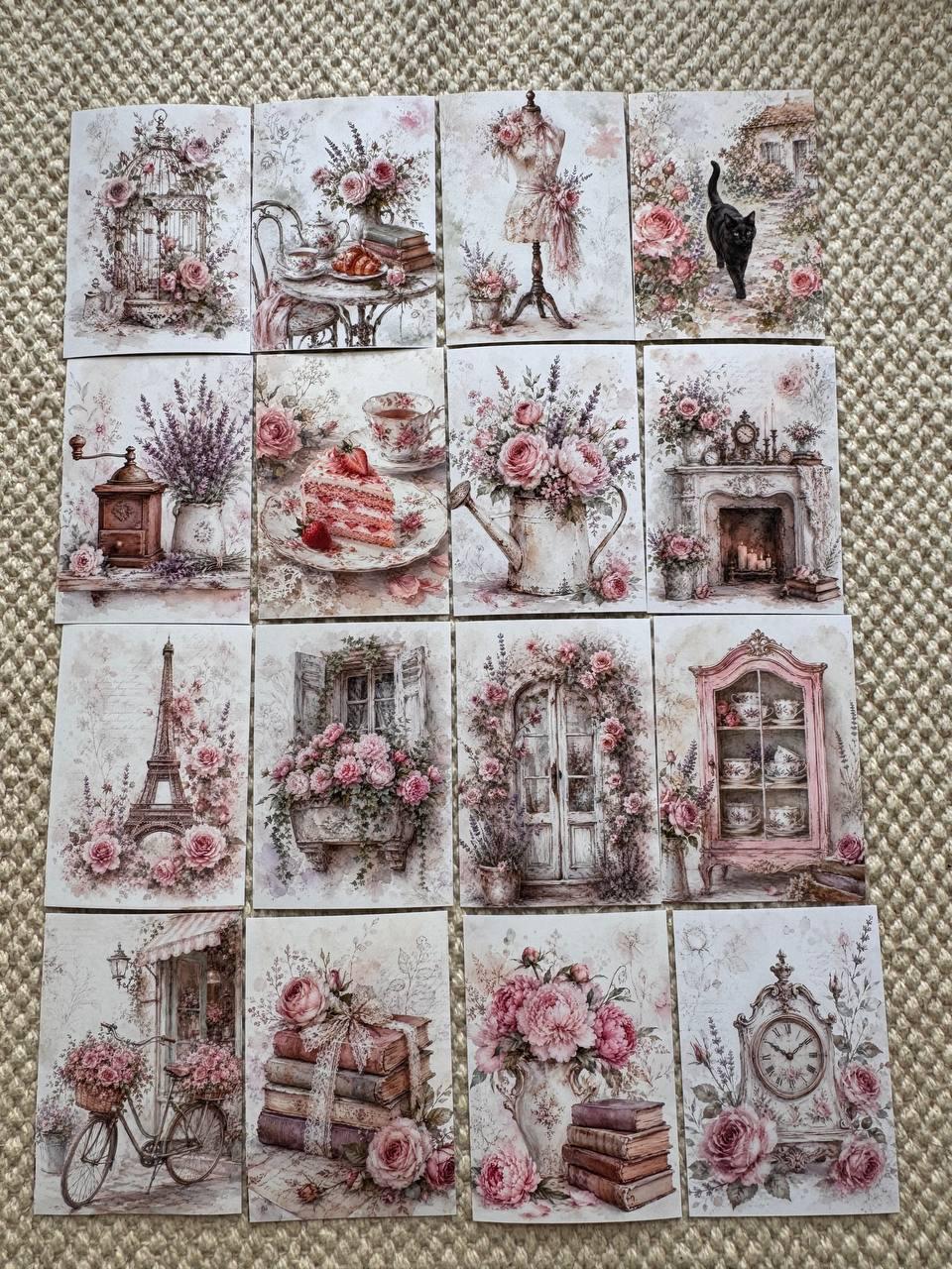16 Vintage Floral Stickers, Shabby Chic Rose Stickers, Cottagecore Garden, French Vintage Scrapbook, Junk Journal & Card Making