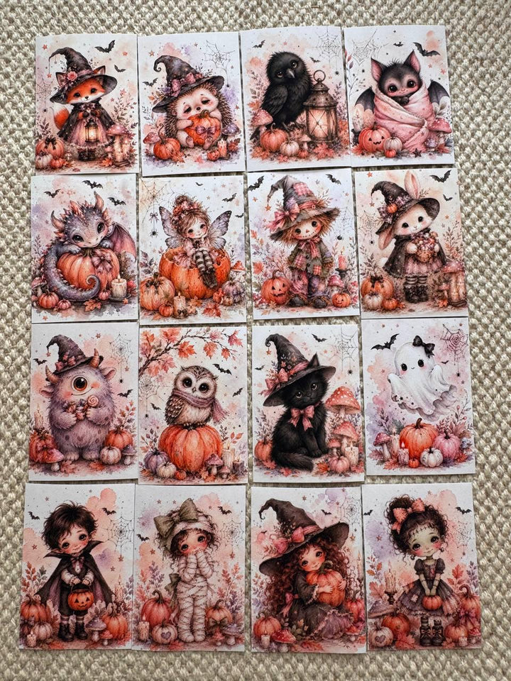 16 Cute Halloween Stickers, Whimsical Witch Animals, Pumpkin & Ghost Stickers, Autumn Scrapbook, Junk Journal, Halloween Crafts