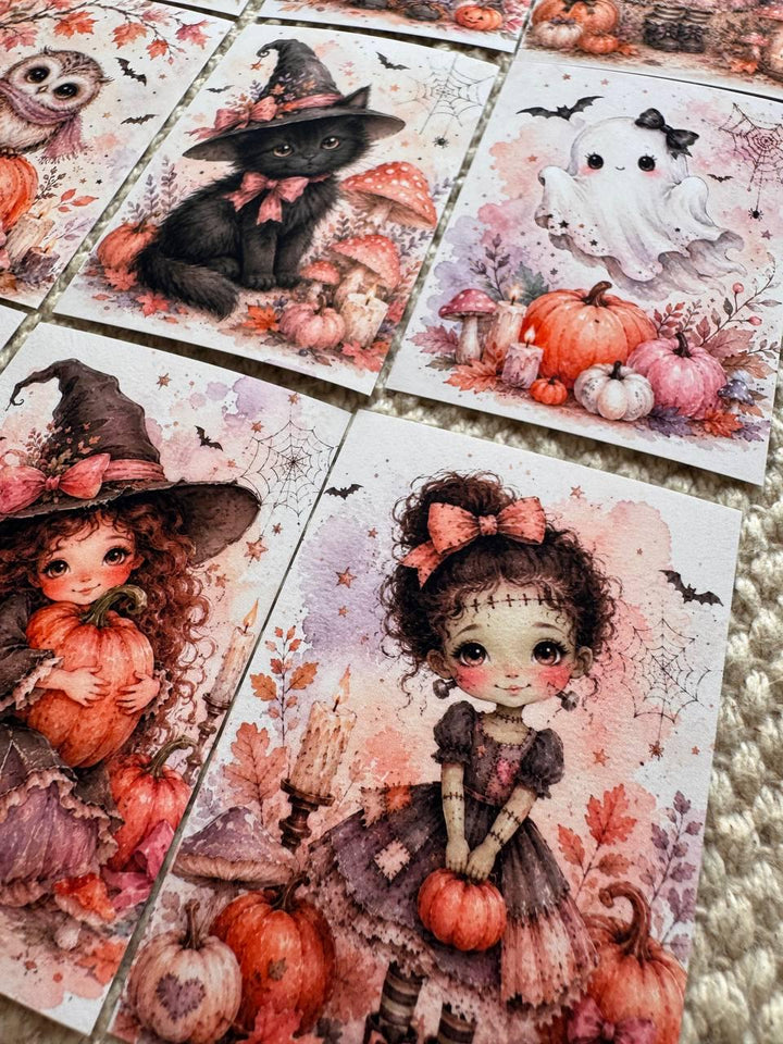 16 Cute Halloween Stickers, Whimsical Witch Animals, Pumpkin & Ghost Stickers, Autumn Scrapbook, Junk Journal, Halloween Crafts