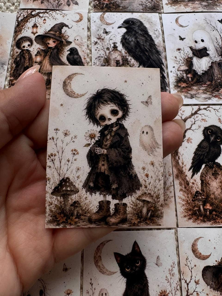 16 Gothic Halloween Stickers, Vintage Witchy Animals, Ghost Raven Bunny Cat Stickers, Junk Journal Scrapbook, Dark Cottagecore