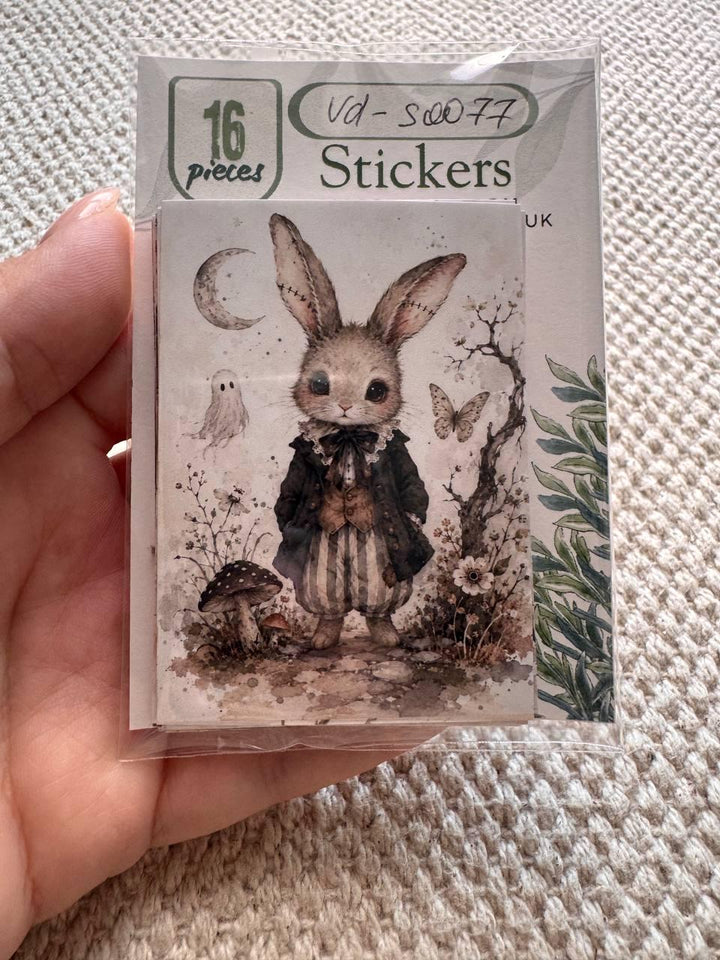 16 Gothic Halloween Stickers, Vintage Witchy Animals, Ghost Raven Bunny Cat Stickers, Junk Journal Scrapbook, Dark Cottagecore