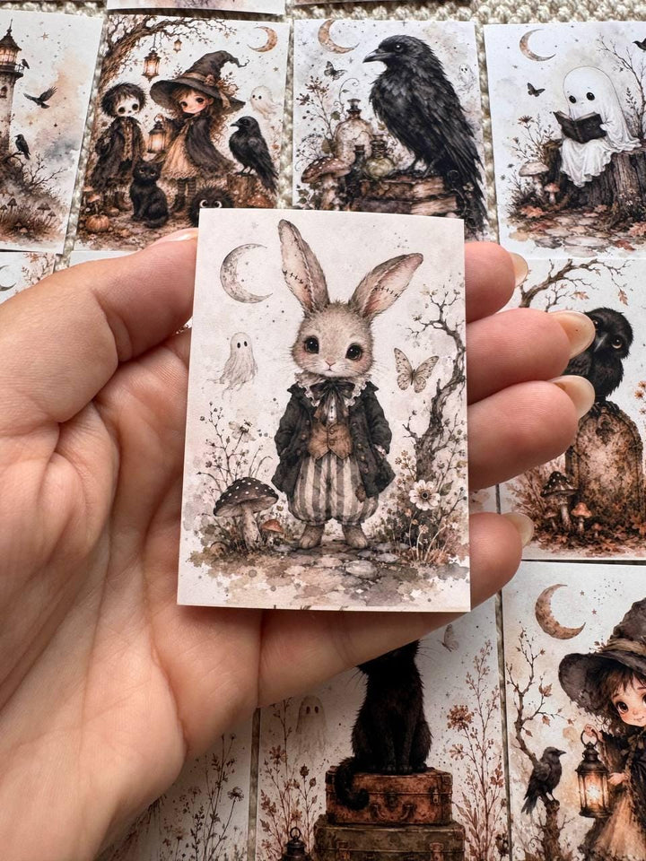 16 Gothic Halloween Stickers, Vintage Witchy Animals, Ghost Raven Bunny Cat Stickers, Junk Journal Scrapbook, Dark Cottagecore