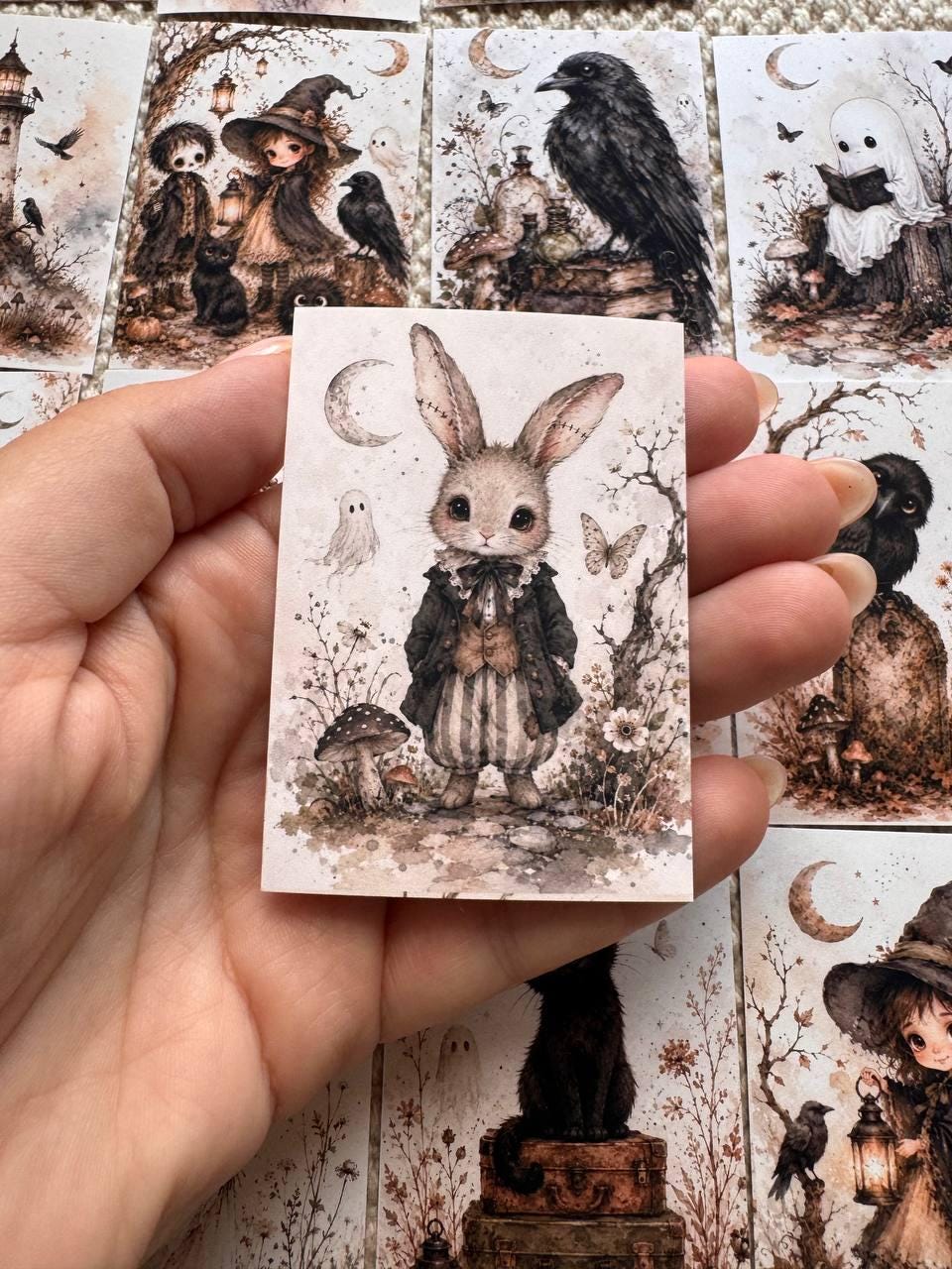 16 Gothic Halloween Stickers, Vintage Witchy Animals, Ghost Raven Bunny Cat Stickers, Junk Journal Scrapbook, Dark Cottagecore