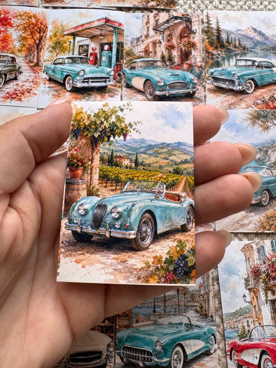 16 Vintage Car Stickers, Classic Cars Travel Scenery, Retro Automobile Stickers, Junk Journal Scrapbook, Mediterranean Travel Decor