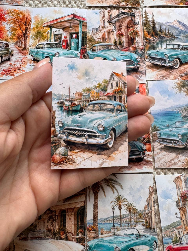 16 Vintage Car Stickers, Classic Cars Travel Scenery, Retro Automobile Stickers, Junk Journal Scrapbook, Mediterranean Travel Decor