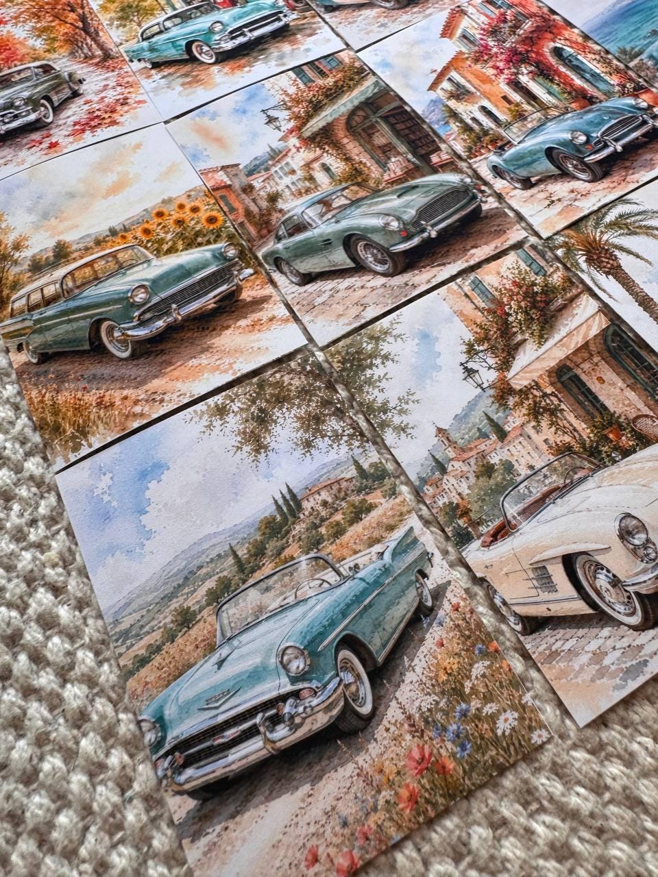16 Vintage Car Stickers, Classic Cars Travel Scenery, Retro Automobile Stickers, Junk Journal Scrapbook, Mediterranean Travel Decor