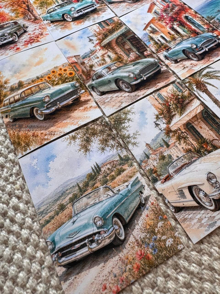 16 Vintage Car Stickers, Classic Cars Travel Scenery, Retro Automobile Stickers, Junk Journal Scrapbook, Mediterranean Travel Decor