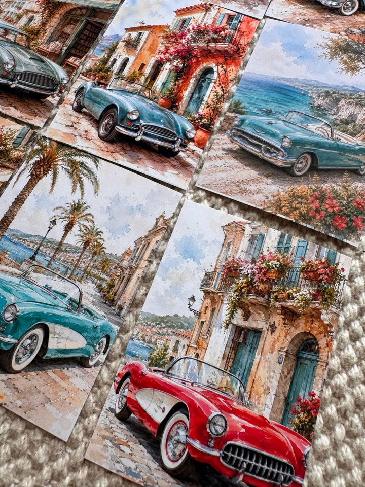 16 Vintage Car Stickers, Classic Cars Travel Scenery, Retro Automobile Stickers, Junk Journal Scrapbook, Mediterranean Travel Decor