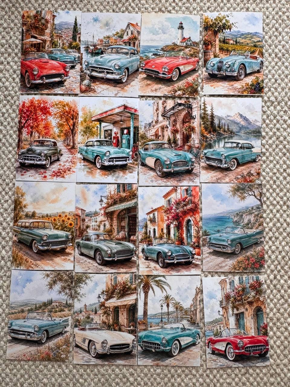 16 Vintage Car Stickers, Classic Cars Travel Scenery, Retro Automobile Stickers, Junk Journal Scrapbook, Mediterranean Travel Decor