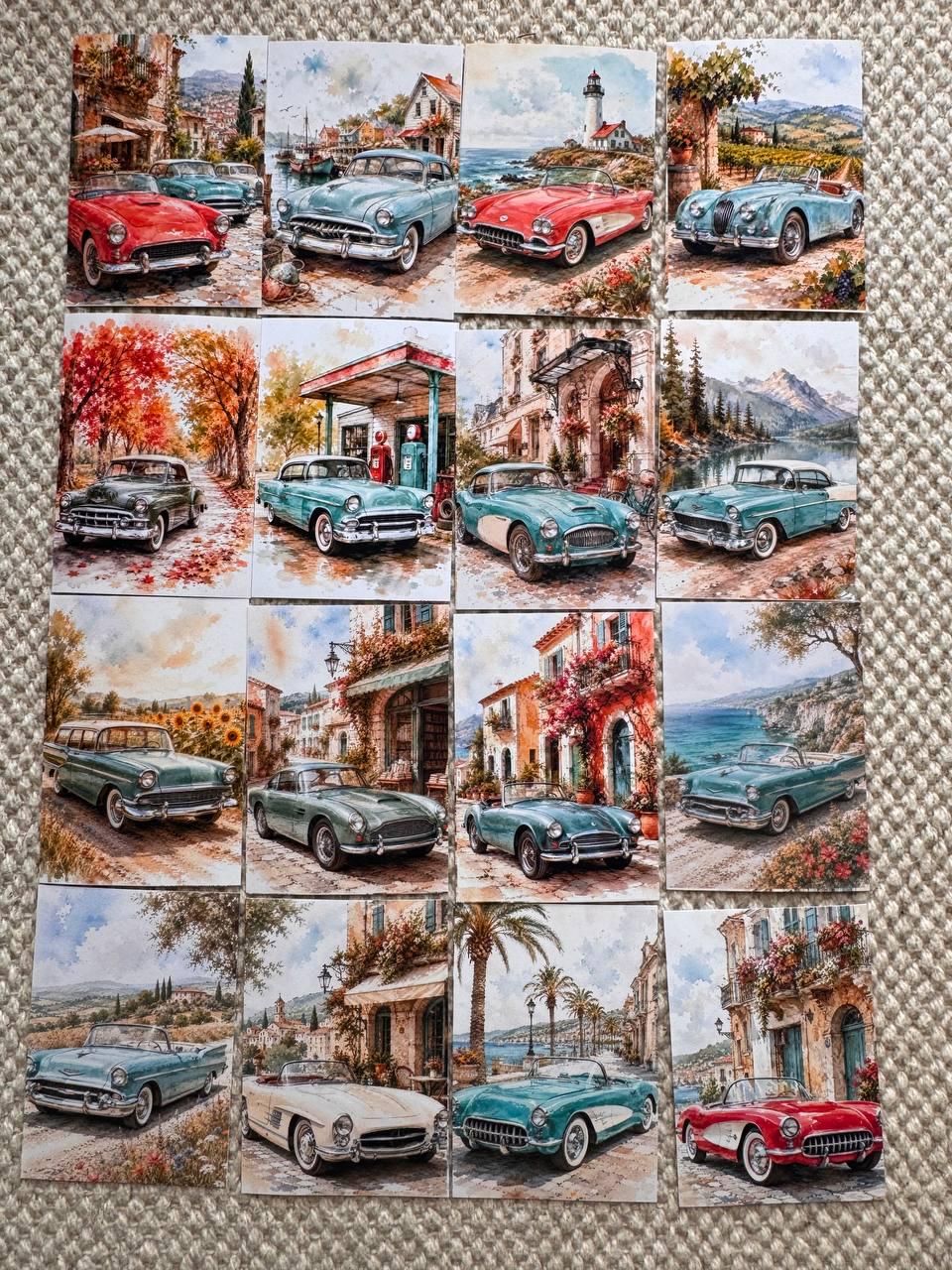 16 Vintage Car Stickers, Classic Cars Travel Scenery, Retro Automobile Stickers, Junk Journal Scrapbook, Mediterranean Travel Decor