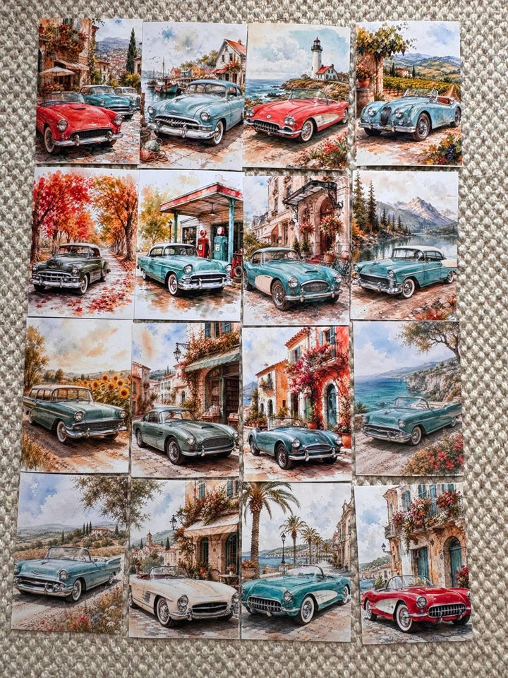 16 Vintage Car Stickers, Classic Cars Travel Scenery, Retro Automobile Stickers, Junk Journal Scrapbook, Mediterranean Travel Decor