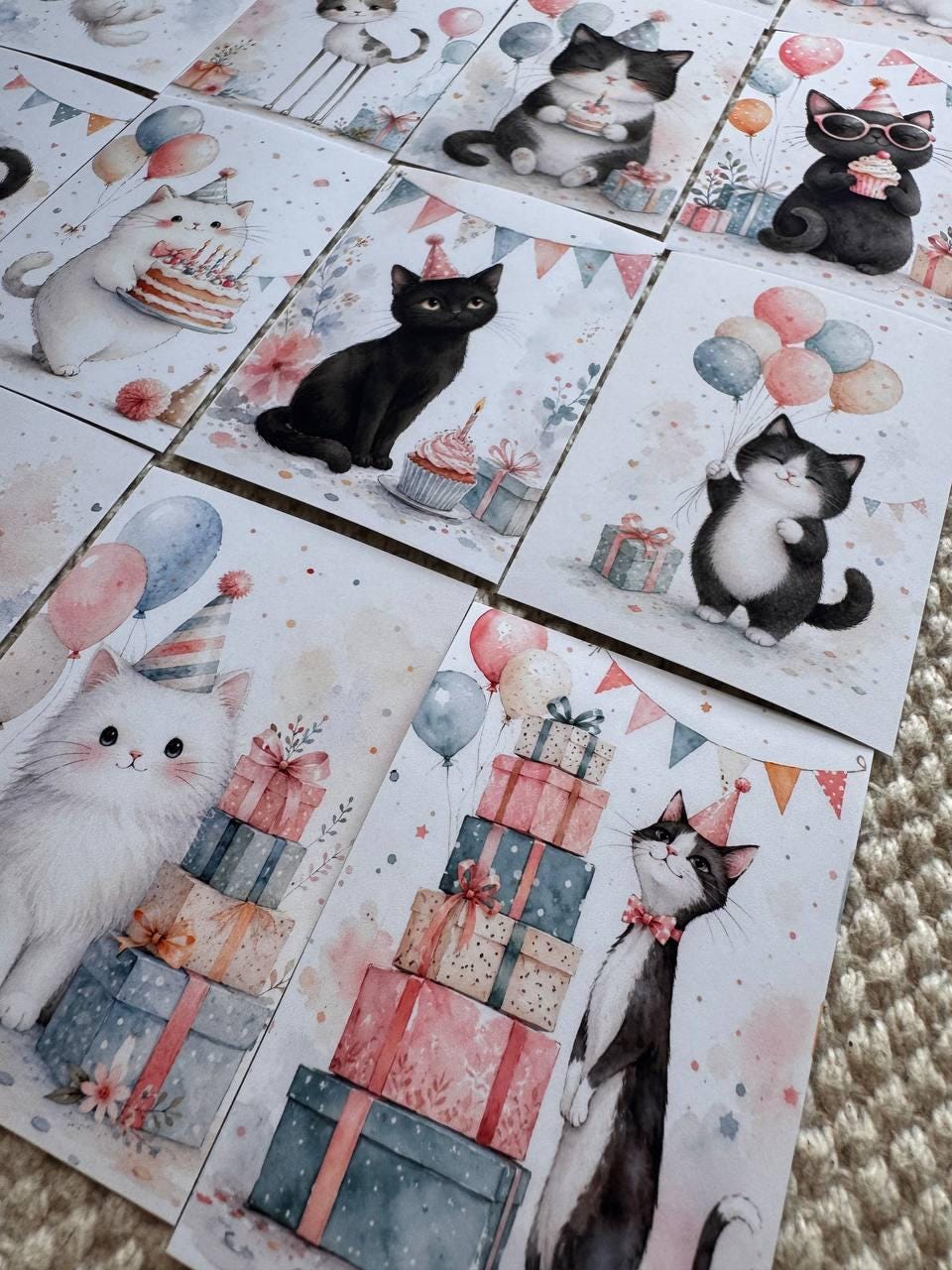 16 Birthday Cat Stickers, Cute Party Cats, Birthday Cake & Balloons, Scrapbook Stickers, Junk Journal, Planner Card Making Supplies