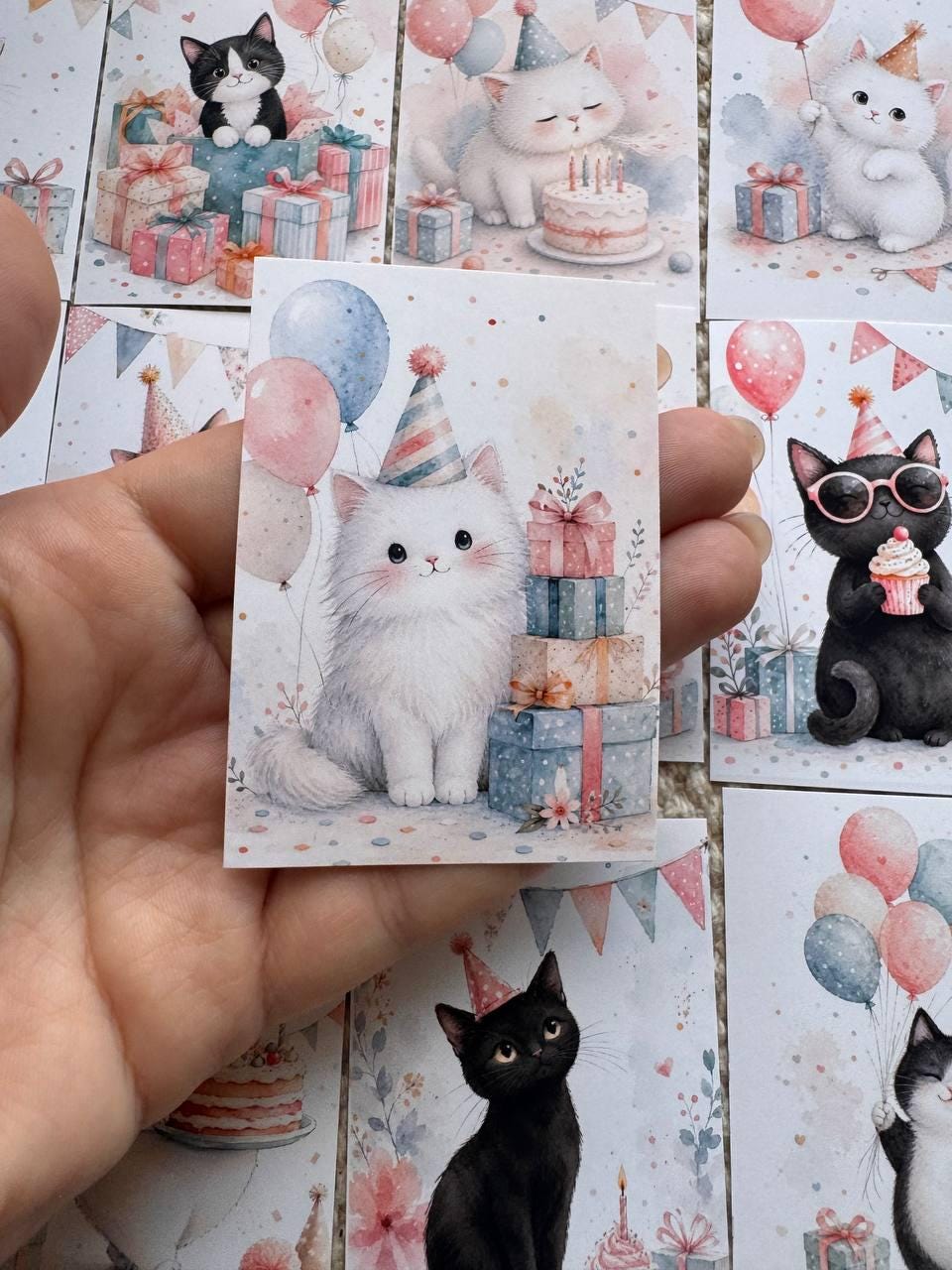 16 Birthday Cat Stickers, Cute Party Cats, Birthday Cake & Balloons, Scrapbook Stickers, Junk Journal, Planner Card Making Supplies