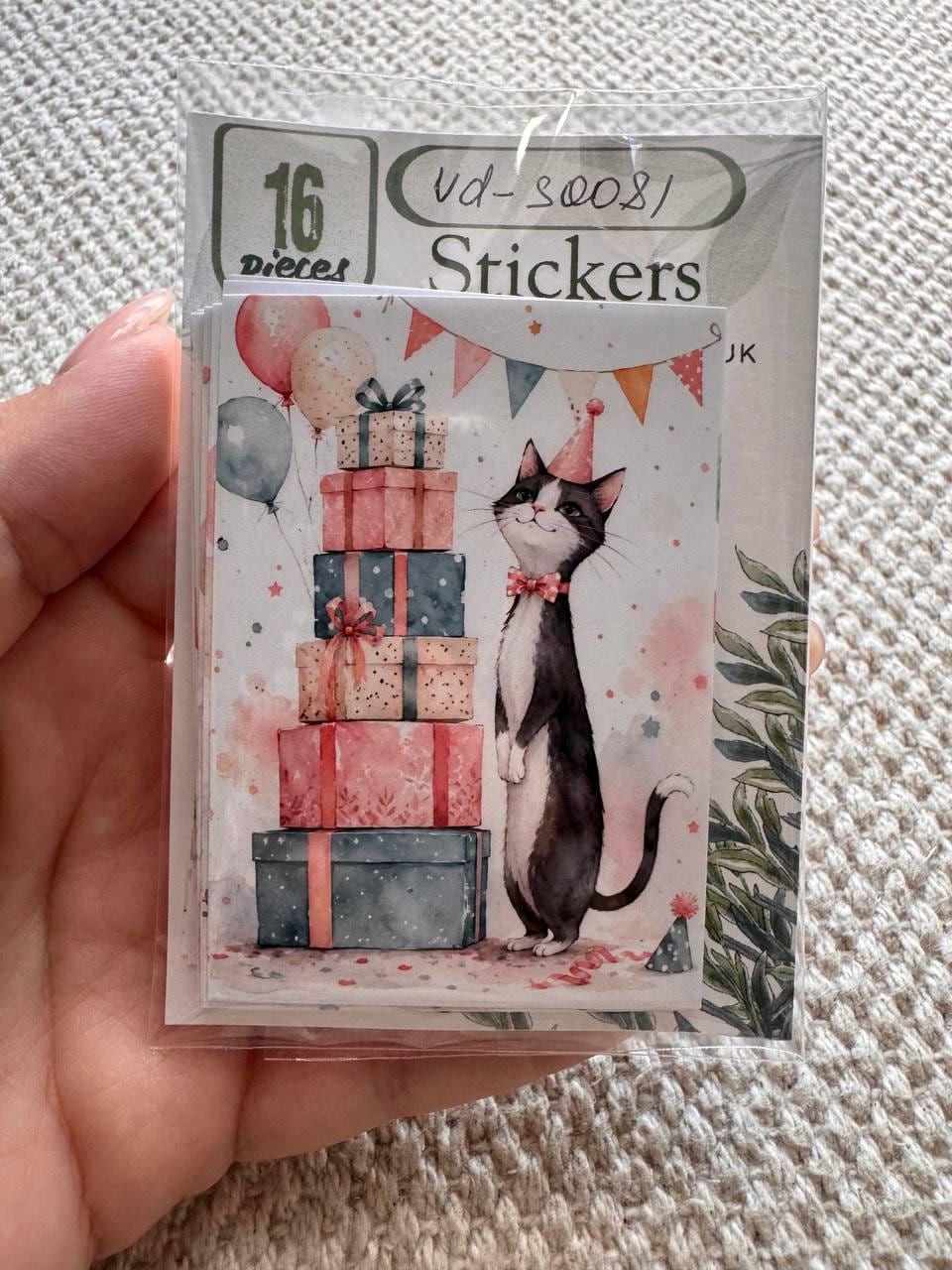 16 Birthday Cat Stickers, Cute Party Cats, Birthday Cake & Balloons, Scrapbook Stickers, Junk Journal, Planner Card Making Supplies