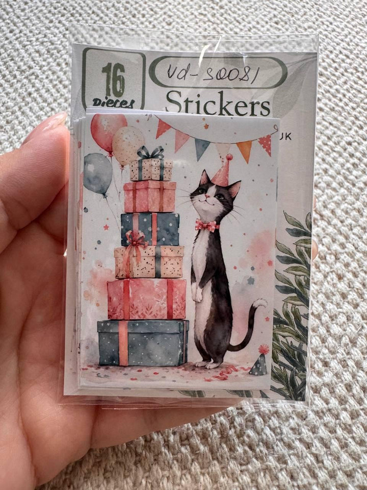 16 Birthday Cat Stickers, Cute Party Cats, Birthday Cake & Balloons, Scrapbook Stickers, Junk Journal, Planner Card Making Supplies