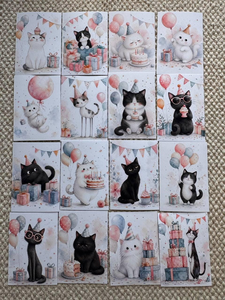 16 Birthday Cat Stickers, Cute Party Cats, Birthday Cake & Balloons, Scrapbook Stickers, Junk Journal, Planner Card Making Supplies