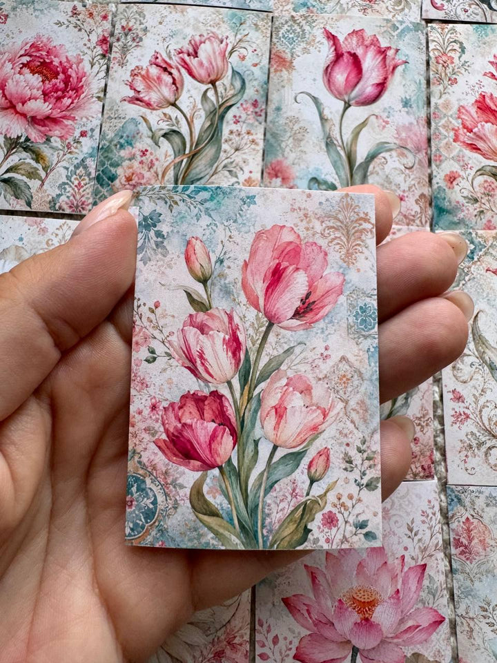 16 Vintage Floral Stickers, Watercolour Flower Stickers, Tulip Lotus Peony, Botanical Junk Journal Scrapbook Planner Craft Supplies