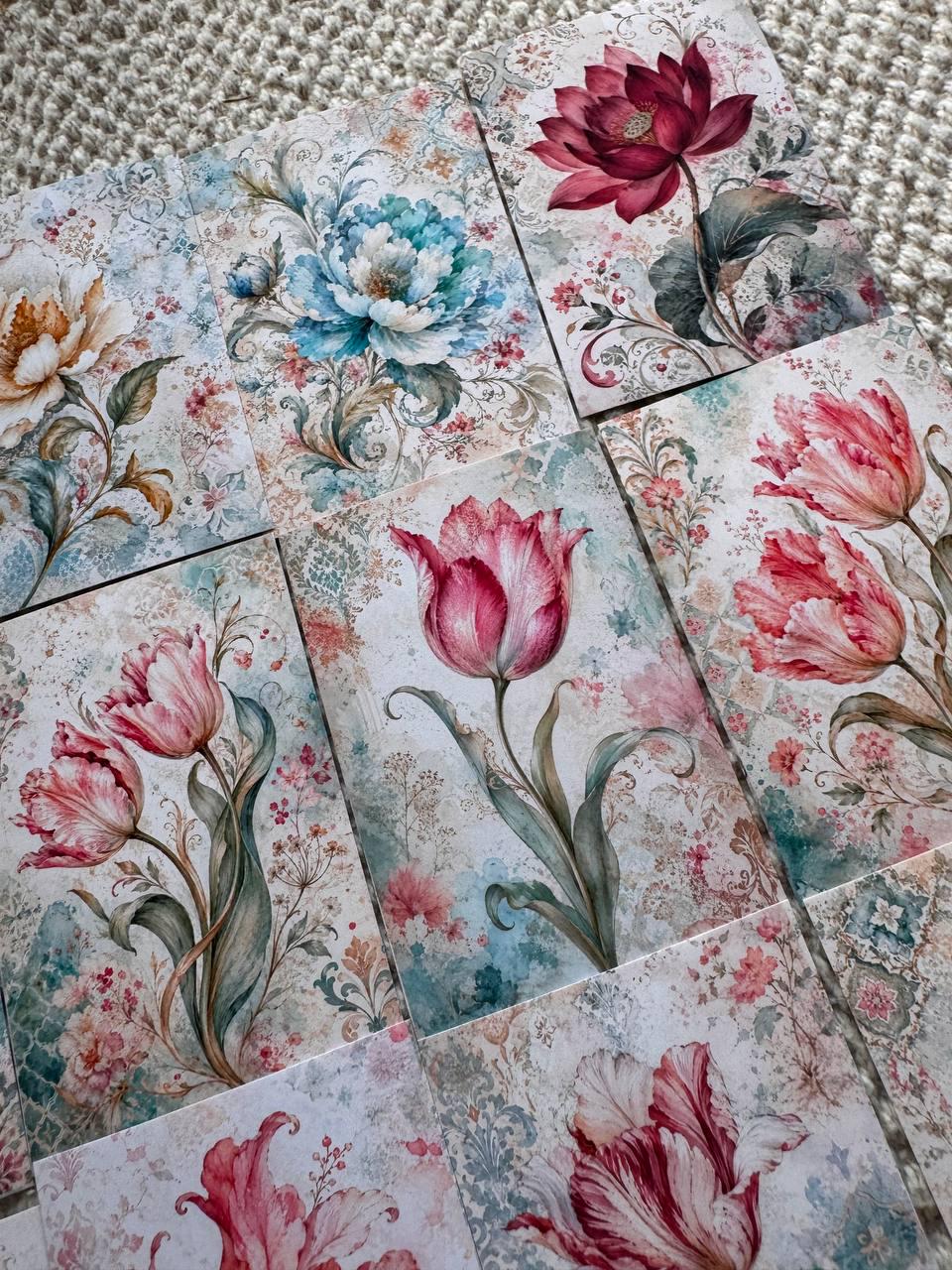 16 Vintage Floral Stickers, Watercolour Flower Stickers, Tulip Lotus Peony, Botanical Junk Journal Scrapbook Planner Craft Supplies