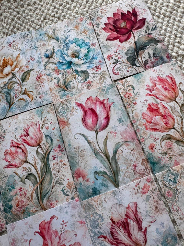 16 Vintage Floral Stickers, Watercolour Flower Stickers, Tulip Lotus Peony, Botanical Junk Journal Scrapbook Planner Craft Supplies