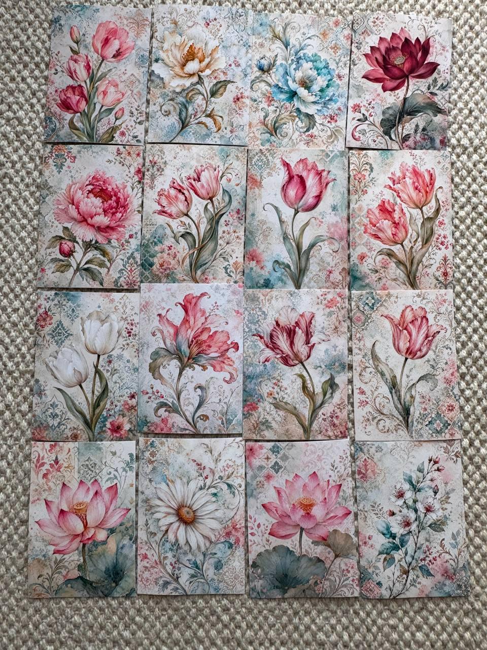 16 Vintage Floral Stickers, Watercolour Flower Stickers, Tulip Lotus Peony, Botanical Junk Journal Scrapbook Planner Craft Supplies