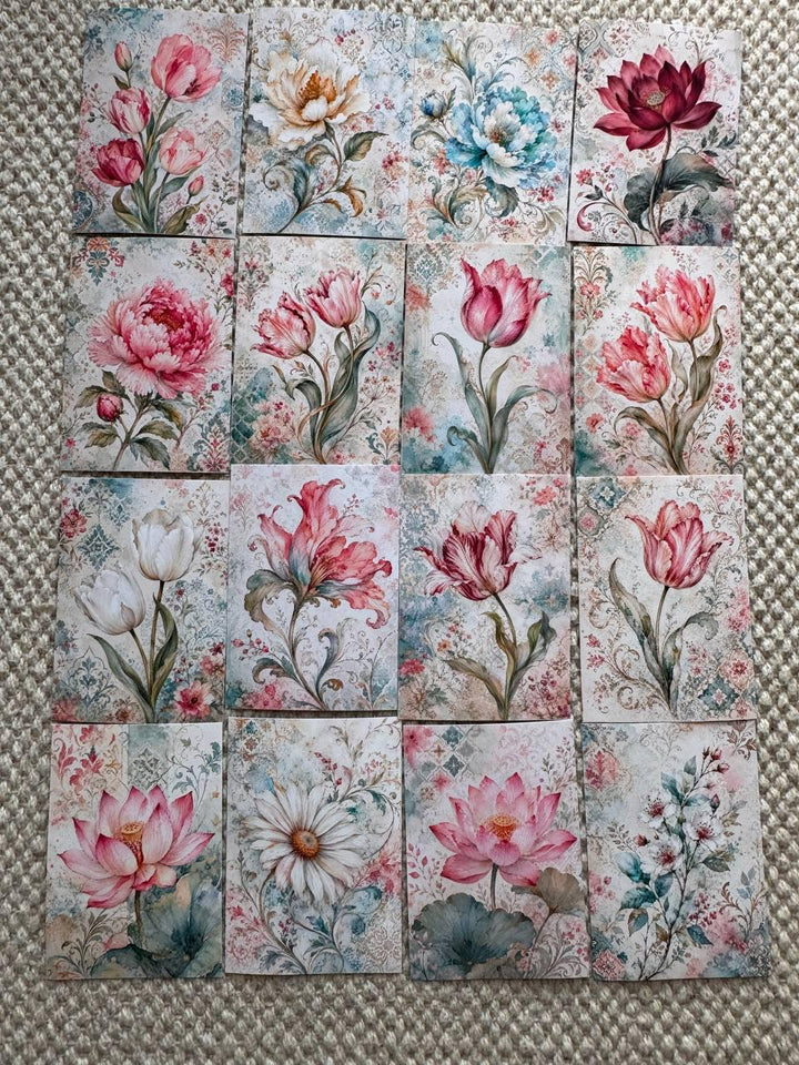 16 Vintage Floral Stickers, Watercolour Flower Stickers, Tulip Lotus Peony, Botanical Junk Journal Scrapbook Planner Craft Supplies