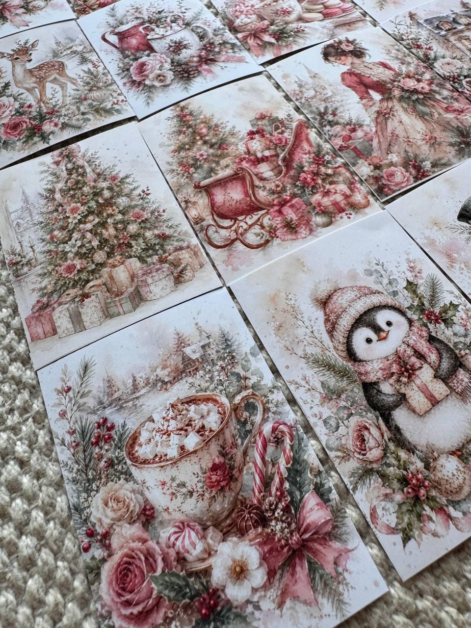 16 Pink Christmas Stickers, Vintage Watercolour Christmas, Floral Winter Stickers, Junk Journal Scrapbook Planner Craft Supplies