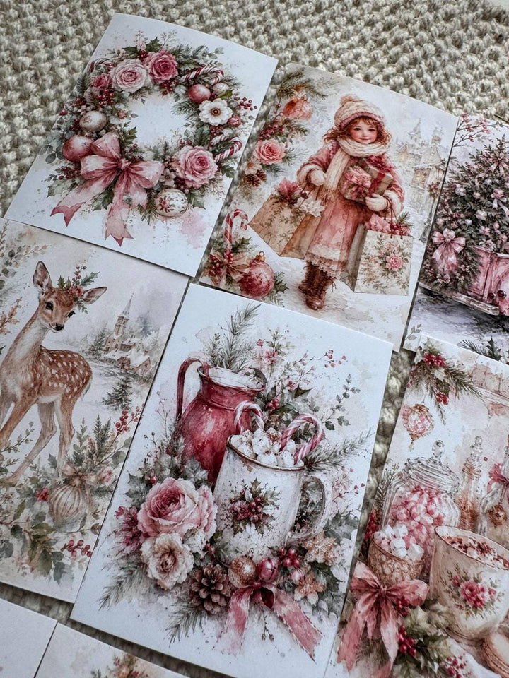 16 Pink Christmas Stickers, Vintage Watercolour Christmas, Floral Winter Stickers, Junk Journal Scrapbook Planner Craft Supplies