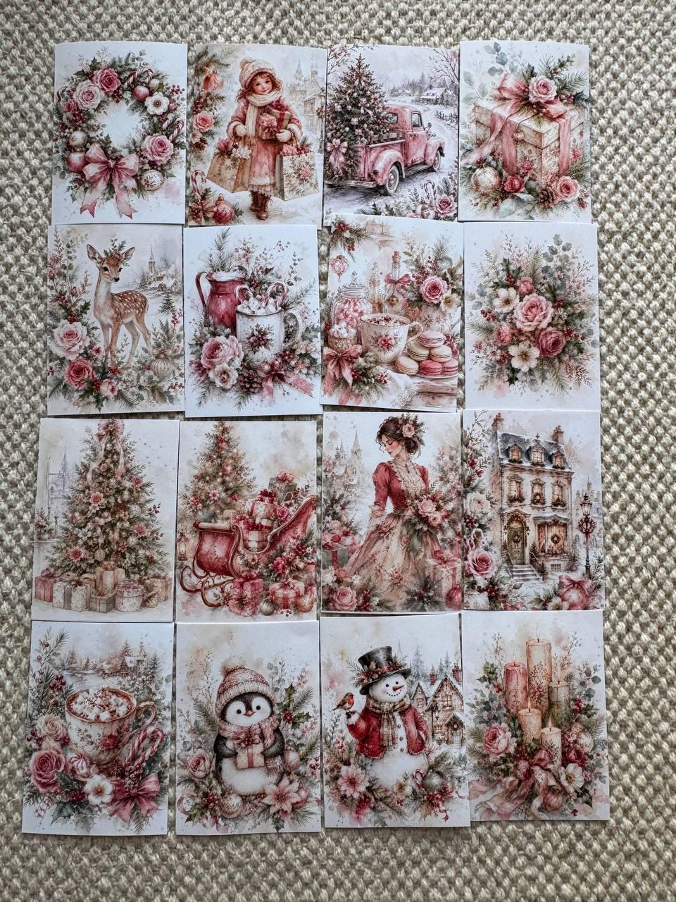 16 Pink Christmas Stickers, Vintage Watercolour Christmas, Floral Winter Stickers, Junk Journal Scrapbook Planner Craft Supplies