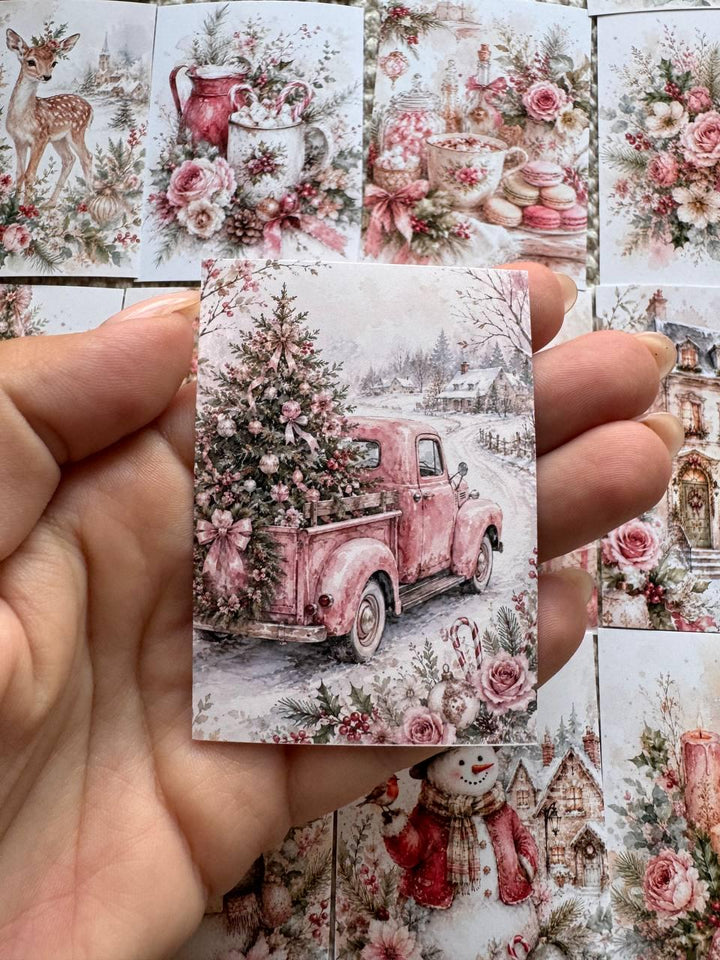 16 Pink Christmas Stickers, Vintage Watercolour Christmas, Floral Winter Stickers, Junk Journal Scrapbook Planner Craft Supplies