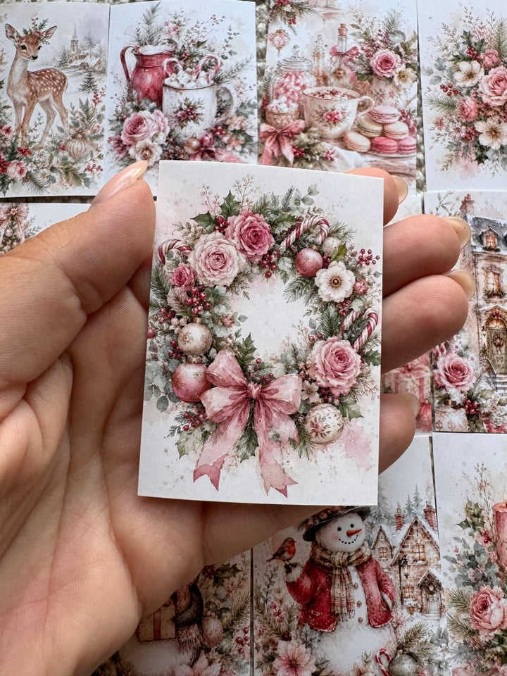 16 Pink Christmas Stickers, Vintage Watercolour Christmas, Floral Winter Stickers, Junk Journal Scrapbook Planner Craft Supplies
