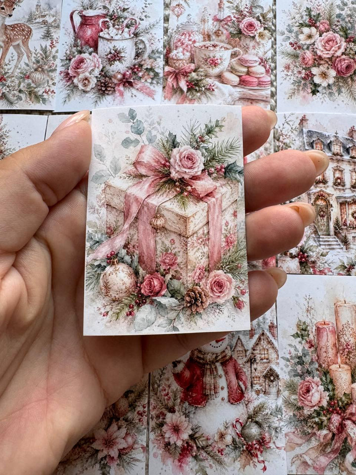 16 Pink Christmas Stickers, Vintage Watercolour Christmas, Floral Winter Stickers, Junk Journal Scrapbook Planner Craft Supplies