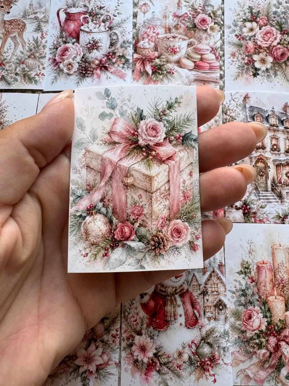 16 Pink Christmas Stickers, Vintage Watercolour Christmas, Floral Winter Stickers, Junk Journal Scrapbook Planner Craft Supplies