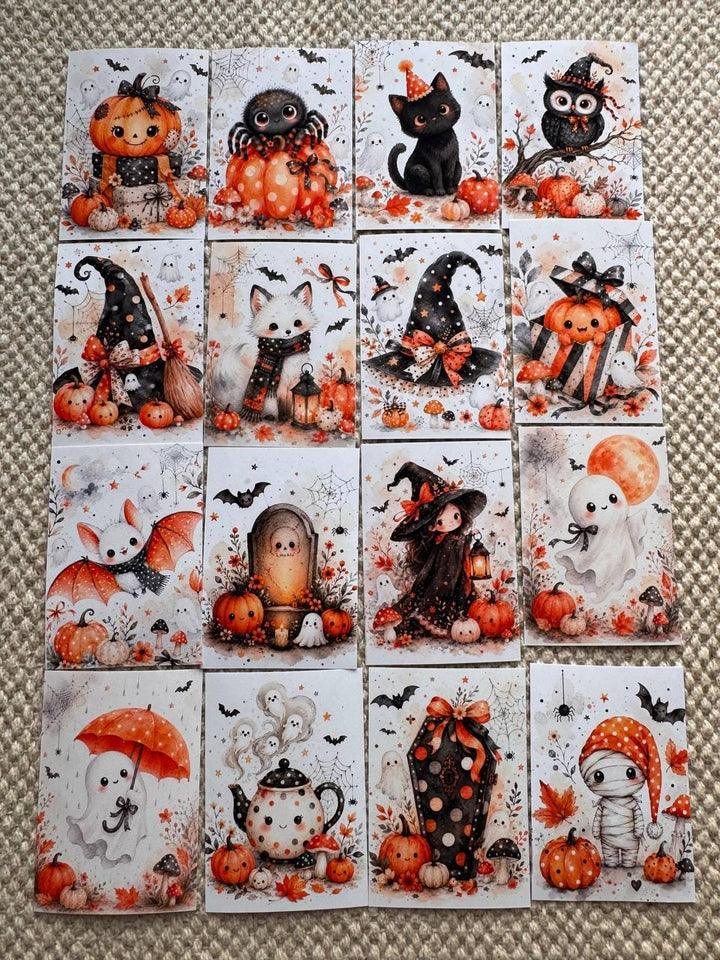 16 Cute Halloween Stickers, Pumpkin Ghost Witch Black Cat Stickers, Spooky Autumn Scrapbook Junk Journal Planner Craft Supplies