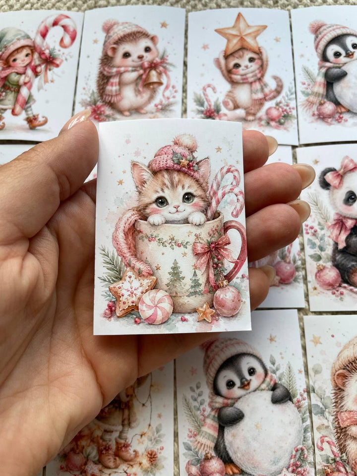16 Cute Christmas Animal Stickers, Pink Watercolour Winter Stickers, Penguin Sloth Hedgehog Mouse, Journal Scrapbook Craft Stickers
