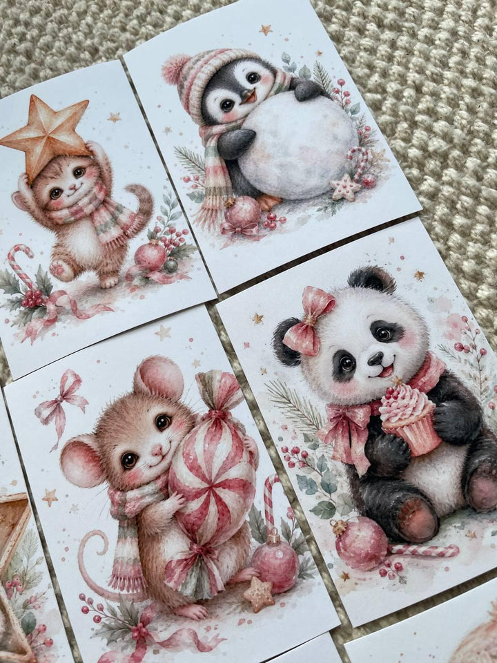 16 Cute Christmas Animal Stickers, Pink Watercolour Winter Stickers, Penguin Sloth Hedgehog Mouse, Journal Scrapbook Craft Stickers