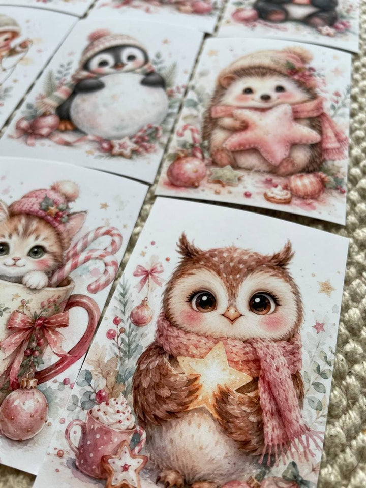 16 Cute Christmas Animal Stickers, Pink Watercolour Winter Stickers, Penguin Sloth Hedgehog Mouse, Journal Scrapbook Craft Stickers