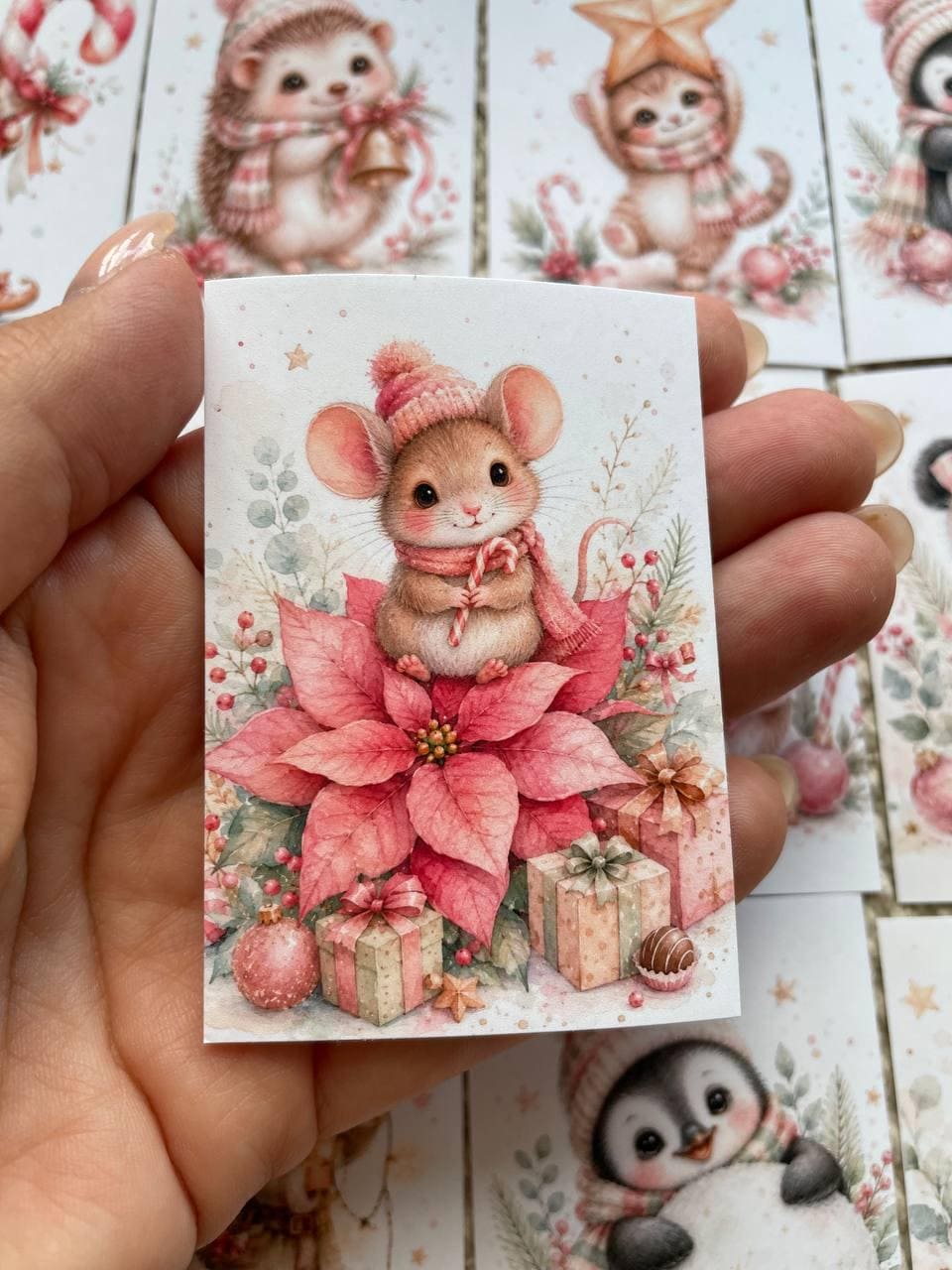 16 Cute Christmas Animal Stickers, Pink Watercolour Winter Stickers, Penguin Sloth Hedgehog Mouse, Journal Scrapbook Craft Stickers