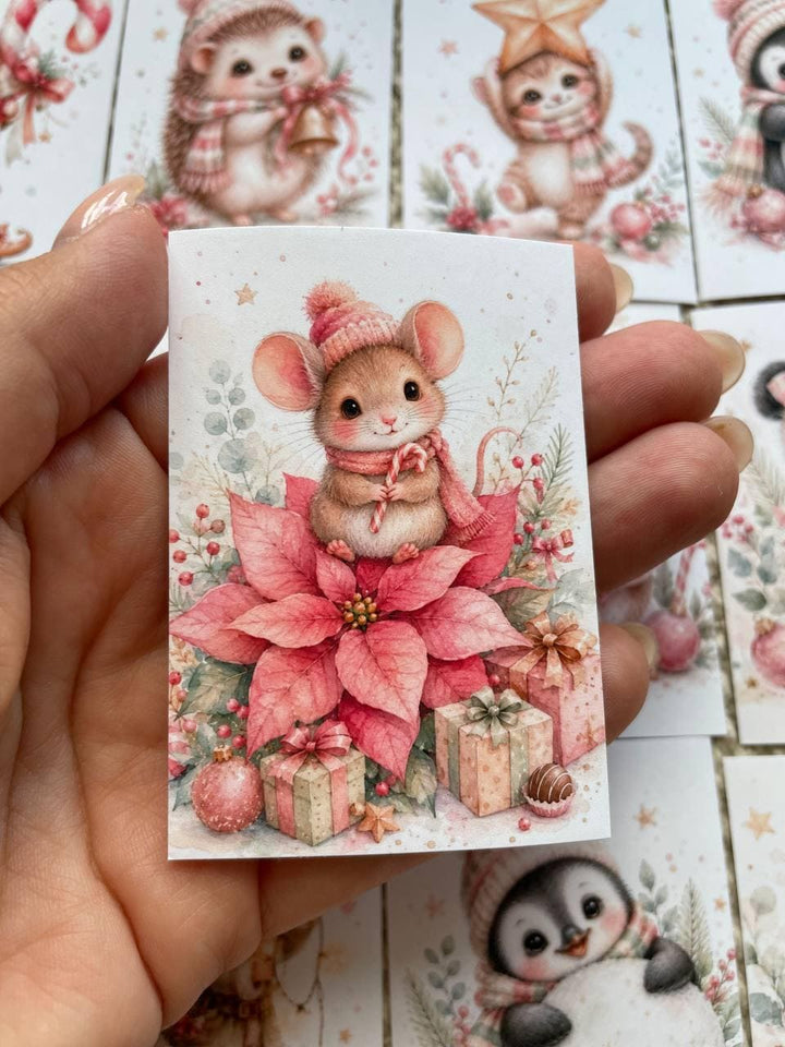 16 Cute Christmas Animal Stickers, Pink Watercolour Winter Stickers, Penguin Sloth Hedgehog Mouse, Journal Scrapbook Craft Stickers
