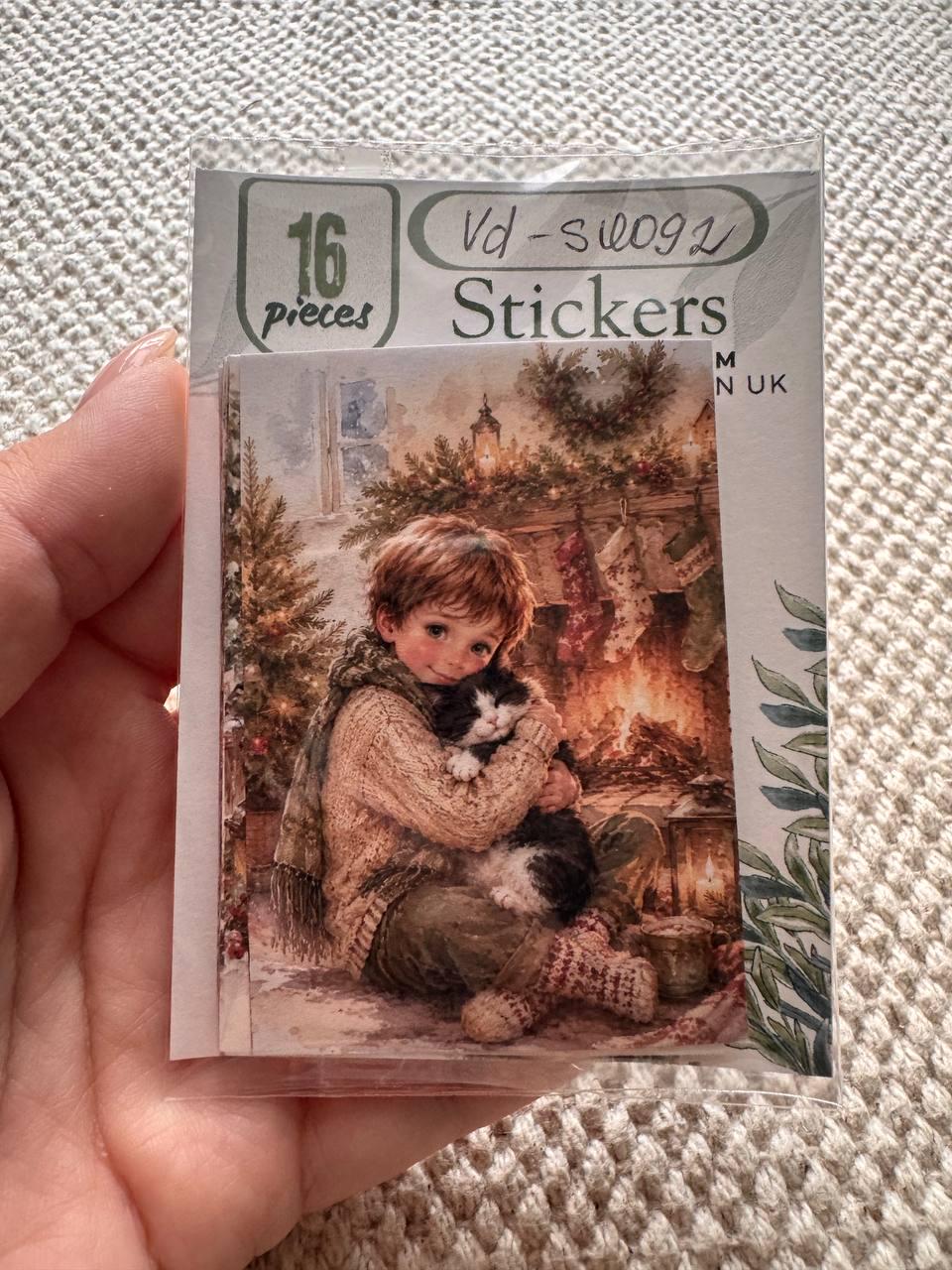 16 Vintage Christmas Stickers, Cosy Winter Watercolour Stickers, Christmas Village, Children & Animals, Junk Journal Scrapbook Crafts