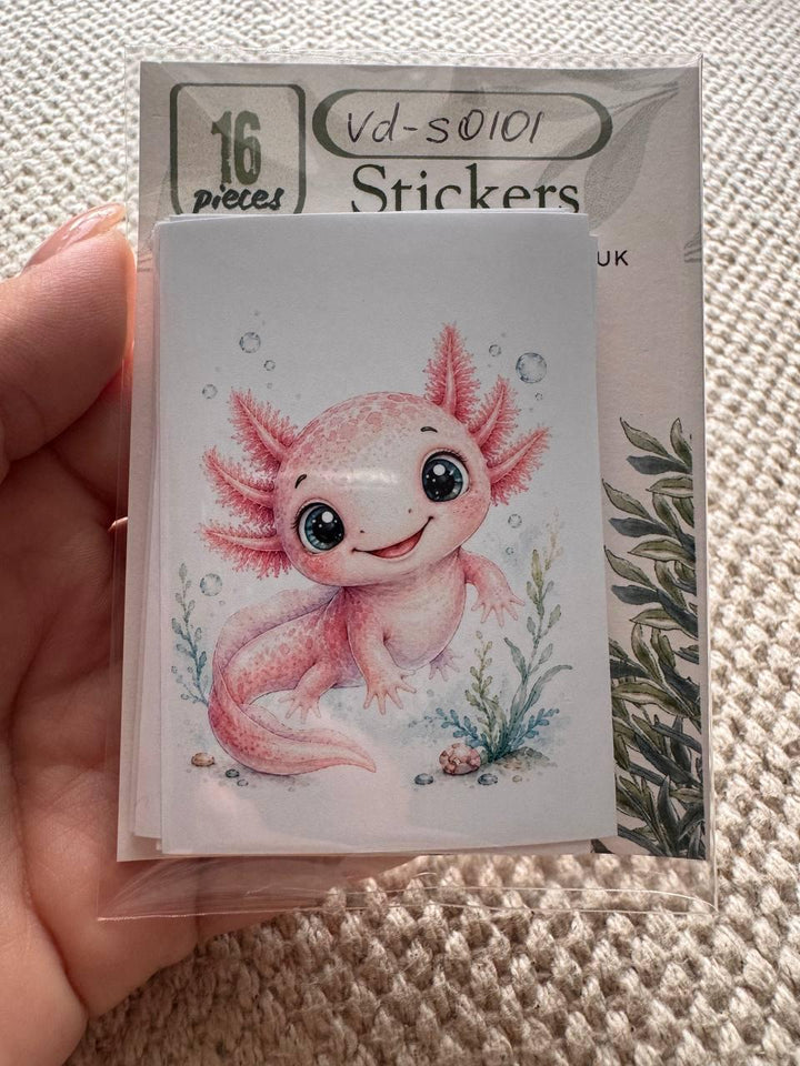 16 Cute Aquatic Animal Stickers, Watercolour Sea Life Stickers, Axolotl Otter Turtle Whale, Junk Journal Scrapbook Planner Crafts