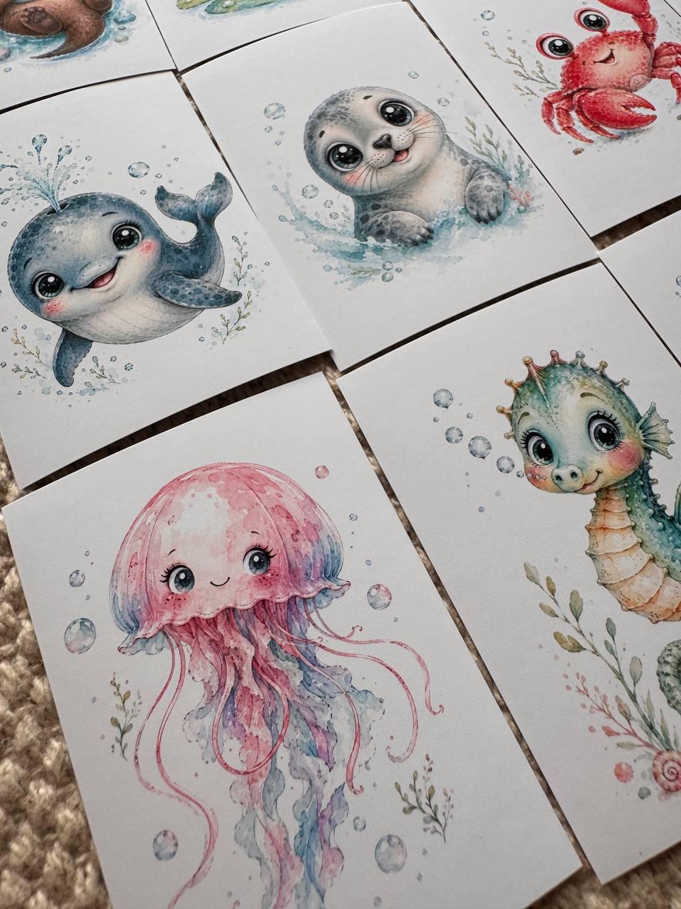16 Cute Aquatic Animal Stickers, Watercolour Sea Life Stickers, Axolotl Otter Turtle Whale, Junk Journal Scrapbook Planner Crafts