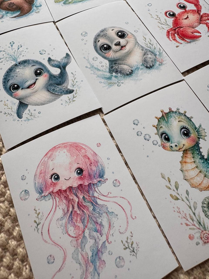 16 Cute Aquatic Animal Stickers, Watercolour Sea Life Stickers, Axolotl Otter Turtle Whale, Junk Journal Scrapbook Planner Crafts