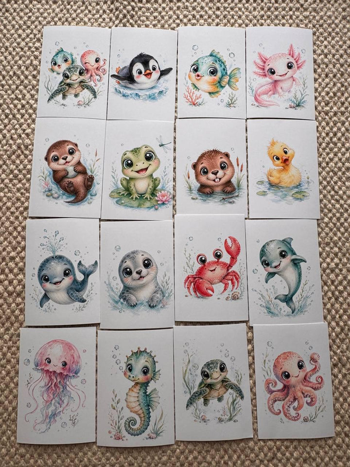 16 Cute Aquatic Animal Stickers, Watercolour Sea Life Stickers, Axolotl Otter Turtle Whale, Junk Journal Scrapbook Planner Crafts